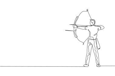 Genç ve profesyonel okçunun sürekli çizdiği tek çizgi okçuluk hedefine odaklanıyor. Okçuluk spor egzersizi ve yay konsepti. Bir satır tasarım grafik vektör illüstrasyonu