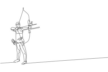 Okçuluğun hedef grafik vektör illüstrasyonunu vurmak için okçuluk yaptığı tek bir çizgi. Ok sporu konseptiyle sağlıklı bir tazeleme atışı. Modern sürekli çizgi çizimi tasarımı
