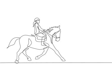 One continuous line drawing of young horse rider woman in action. Equine run training at racing track. Equestrian sport competition concept. Dynamic single line draw design graphic vector illustration clipart