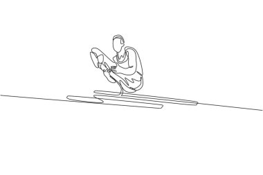 Genç ve yakışıklı jimnastikçi akrobatik hareketler yapıyor. Paralel bar eğitimi ve esneme konsepti. Bir satır tasarım vektörü çizimi grafiği