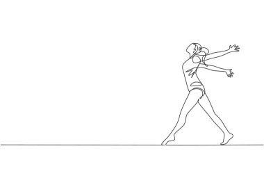 Jimnastikçi kızın spor salonundaki ritmik jimnastik hareketlerinin tek bir çizimi. Sağlıklı genç sporcu yaşam tarzı ve spor anlayışı. Modern sürekli çizgi çizimi tasarımı