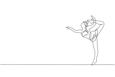 Ritmik hareketin aralıksız çizdiği bir çizgi genç güzellik jimnastikçisi kız. Mayo giymiş yer egzersizi sanatçısı. Sağlıklı aktif spor dans konsepti. Dinamik tek çizgi çizimi tasarım vektörü illüstrasyonu