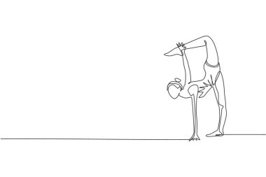 Genç, güzel, profesyonel jimnastikçi kızın tek sıra çizimi yer egzersizi yapıyor. Ritmik jimnastik eğitimi ve esneme konsepti. Bir satır çizimi tasarım vektörü illüstrasyonu