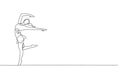 Genç, güzel, profesyonel jimnastikçi kızın tek sıra çizimi yer egzersizi yapıyor. Ritmik jimnastik eğitimi ve esneme konsepti. Bir satır çizimi tasarım vektörü illüstrasyonu