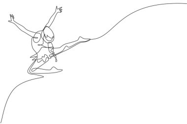 Ritmik hareketin aralıksız çizdiği bir çizgi genç güzellik jimnastikçisi kız. Mayo giymiş yer egzersizi sanatçısı. Sağlıklı aktif spor dans konsepti. Dinamik tek çizgi çizimi tasarım vektörü illüstrasyonu