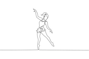 Genç, güzel, profesyonel jimnastikçi kızın tek sıra çizimi yer egzersizi yapıyor. Ritmik jimnastik eğitimi ve esneme konsepti. Bir satır çizimi tasarım vektörü illüstrasyonu