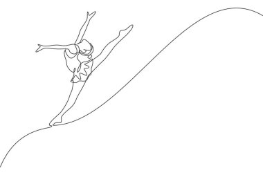 Ritmik hareketin aralıksız çizdiği bir çizgi genç güzellik jimnastikçisi kız. Mayo giymiş yer egzersizi sanatçısı. Sağlıklı aktif spor dans konsepti. Dinamik tek çizgi çizimi tasarım vektörü illüstrasyonu