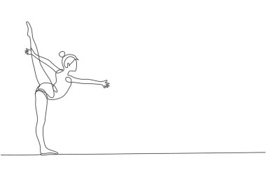 Jimnastikçi kızın spor salonundaki ritmik jimnastik hareketlerinin tek bir çizimi. Sağlıklı genç sporcu yaşam tarzı ve spor anlayışı. Modern sürekli çizgi çizimi tasarımı