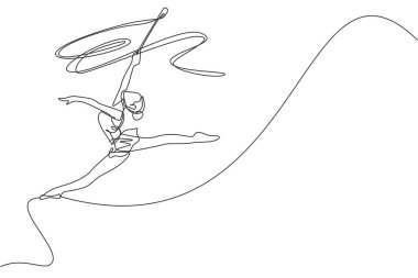 Sürekli hareket halindeki genç balerin kız çizimleri. Kurdeleli ritmik jimnastikçi kıyafeti. Sağlıklı spor ve aktif dans konsepti. Dinamik tek çizgi çizimi tasarım vektörü illüstrasyonu