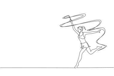Genç, güzel, profesyonel jimnastikçi kızın tek sıra çizimi kurdeleyle dans ediyor. Ritmik jimnastik eğitimi ve esneme konsepti. Bir satır çizimi tasarım vektörü illüstrasyonu