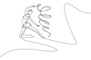 Tek bir çizgi, genç bir jimnastikçi kızın kurdele vektör çizimi grafiğiyle ritmik jimnastik yapmasını çekiyor. Sağlıklı genç yaşam tarzı ve spor anlayışı. Modern sürekli çizgi çizimi tasarımı