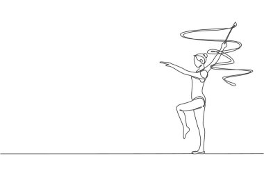 Sürekli hareket halindeki genç balerin kız çizimleri. Kurdeleli ritmik jimnastikçi kıyafeti. Sağlıklı spor ve aktif dans konsepti. Dinamik tek çizgi çizimi tasarım vektörü illüstrasyonu