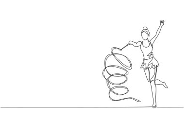 Tek bir çizgi, kurdele vektör çizimi ile ritmik jimnastik yapan genç bir jimnastikçi kız çiziyor. Sağlıklı genç yaşam tarzı ve spor anlayışı. Modern sürekli çizgi çizimi tasarımı