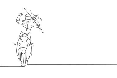 Genç motosiklet sürücüsünün tek sıra çizimi zaferi kutlamak için bayrağı kaldırıyor. Moto turnuvası konsepti. Motosiklet yarışı tanıtım ortamı için bir satır tasarım vektör çizimi çizimi