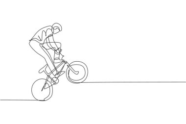 Sokak vektörü illüstrasyonunda serbest stil numarası yapan genç bir BMX bisikletçi çizimi. Olağanüstü spor konsepti. Serbest stil yarışma pankartı için modern sürekli çizgi çizimi tasarımı