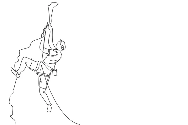 Einzelne Durchgehende Linienzeichnung Eines Jungen Muskulösen Bergsteigers Der Hängend Griff — Stockvektor