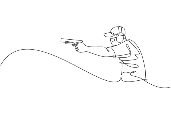 Одна Линия Рисунка Молодого Человека Практикующего Стрельбу Мишени Дальности Стрельбы — стоковый вектор