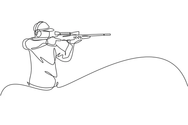 Jedna Souvislá Čára Kreslení Mladého Sportovce Muže Střelec Drží Zbraň — Stockový vektor