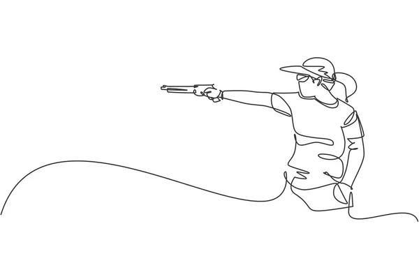 Una Sola Línea Dibujo Mujer Joven Que Practica Para Disparar — Vector de stock