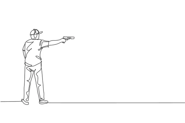 Один Сплошной Рисунок Линии Молодого Человека Стрельбище Тренировочной Площадки Соревнований — стоковый вектор