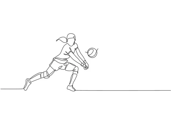 一名年轻女子职业排球选手在球场上的连续线画 健康的竞技团队体育理念 动态单行绘图设计矢量图解 — 图库矢量图片