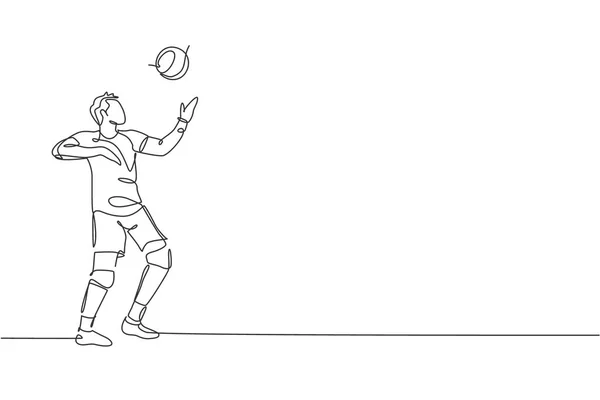 アクションで若い男性プロバレーボール選手を描く1つの連続ラインは 裁判所でボールを提供しています 健全な競争力のあるチームスポーツの概念 ダイナミックシングルラインドローデザイングラフィックベクトルイラスト — ストックベクタ
