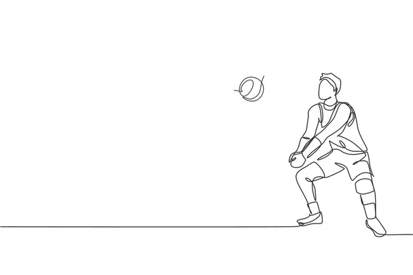 Una Línea Continua Dibujo Joven Jugador Voleibol Profesional Masculino Acción — Vector de stock