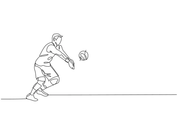 Seul Dessin Ligne Continu Jeune Athlète Masculin Volley Ball Action — Image vectorielle