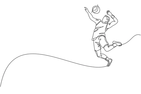 Una Línea Continua Dibujo Joven Jugador Voleibol Profesional Masculino Acción — Vector de stock