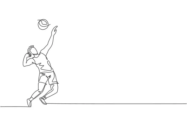 アクションで若い男性プロバレーボール選手を描く1つの連続ラインは 裁判所でボールを提供しています 健全な競争力のあるチームスポーツの概念 ダイナミックシングルラインドローデザインベクトルグラフィックイラスト — ストックベクタ