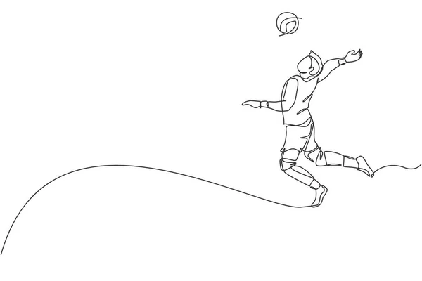 Een Enkele Lijn Tekening Van Jonge Mannelijke Professionele Volleybal Speler — Stockvector