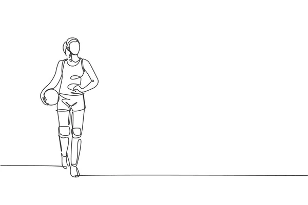 Una Sola Línea Dibujo Una Joven Jugadora Profesional Voleibol Pose — Vector de stock