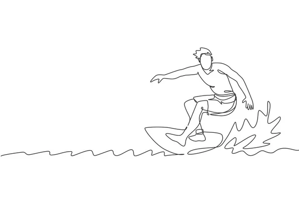 单行连续吸引年轻的专业冲浪选手在蓝色的海洋上乘风破浪 极端水上运动的概念 趋势一线图设计图形矢量插图 — 图库矢量图片