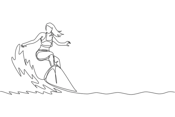Одна Сплошная Линия Которой Молодой Счастливый Серфер Занимается Серфингом Волнистом — стоковый вектор