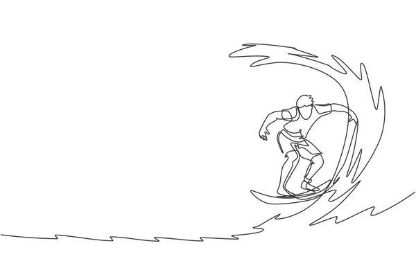 Jednoduchá Souvislá Čára Kreslení Mladý Profesionální Surfař Akci Vlnách Modrém — Stockový vektor