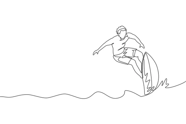 Uma Única Linha Desenho Jovem Surfista Desportivo Montando Ondas Grandes — Vetor de Stock