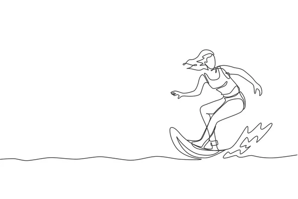 单行连续吸引年轻的专业冲浪选手在蓝色的海洋上乘风破浪 极端水上运动的概念 趋势一线图设计图形矢量插图 — 图库矢量图片