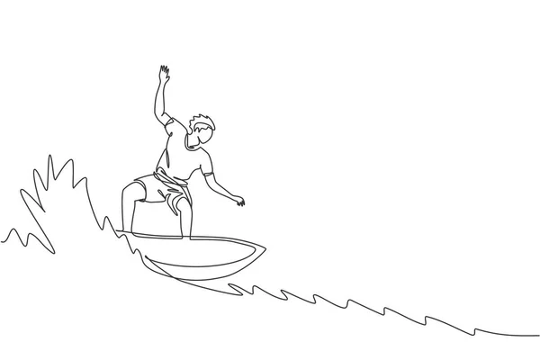 一个单行画年轻的冲浪运动员骑在大浪桶上冲浪海滩天堂图形矢量插图 极端水上运动的概念 现代连续线条绘图设计 — 图库矢量图片