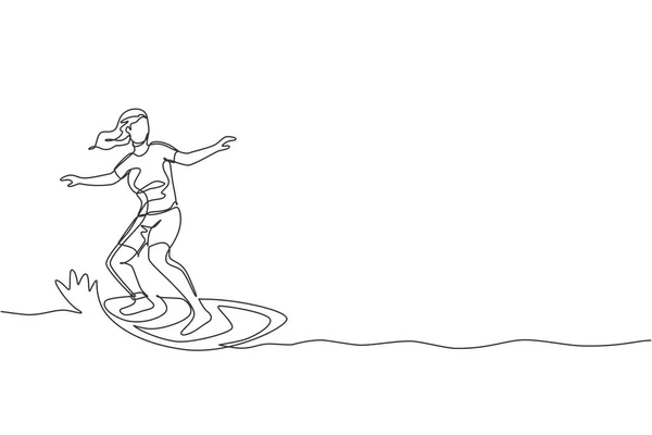 波状の海でサーフィンを行う若い幸せな観光サーファーを描く1つの連続ライン 健康的な極端なウォータースポーツの概念 夏休みだ ダイナミックシングルラインドローデザインベクトルグラフィックイラスト — ストックベクタ