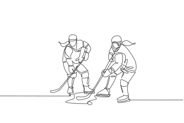 アイスリンクスタジアムのベクトルイラストで競争力のあるゲームでパックを獲得するためにアクションで若い2人のアイスホッケー選手の一本の線画 スポーツトーナメントのコンセプト 連続線画設計 — ストックベクタ