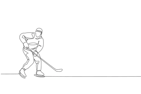 若いプロのアイスホッケー選手のシングル連続線画は パックを打つとアイスリンクアリーナへの攻撃 極端な冬のスポーツの概念 トレンディーな1行の描画デザイングラフィックベクトルイラスト — ストックベクタ