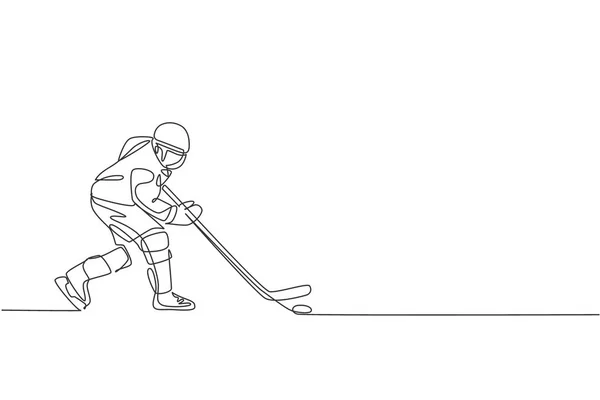 Jedna Souvislá Kresba Mladého Profesionálního Hokejisty Cvičícího Cvičícího Stadionu Kluzišti — Stockový vektor