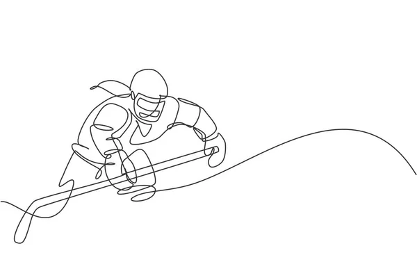 Одноразовий Безперервний Малюнок Молодого Професійного Хокеїста Вдарив Шайбі Напав Арену — стоковий вектор