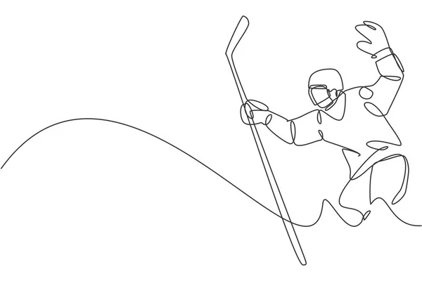 Одноразовий Безперервний Малюнок Молодого Професійного Хокеїста Який Тримає Шайбу Захист — стоковий вектор