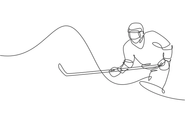 Una Línea Continua Dibujo Joven Jugador Profesional Hockey Sobre Hielo — Archivo Imágenes Vectoriales