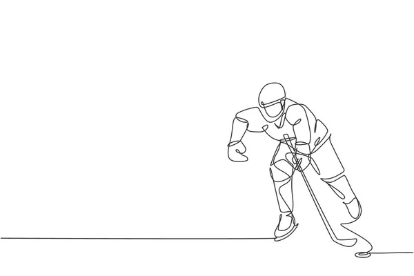 Una Sola Línea Continua Dibujo Joven Jugador Profesional Hockey Sobre — Archivo Imágenes Vectoriales