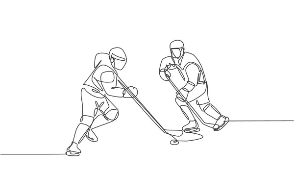 アイスリンクスタジアムのベクトルグラフィックイラストで競争力のあるゲームをプレイするためにアクションで2人の若いアイスホッケー選手の1つのライン図面 スポーツトーナメントのコンセプト 現代の連続線画のデザイン — ストックベクタ