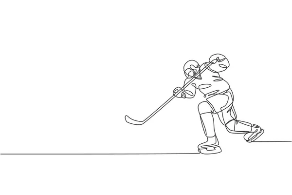 Однорядковий Малюнок Молодого Хокеїста Дії Щоб Грати Змагальну Гру Стадіоні — стоковий вектор