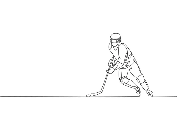 Eine Ununterbrochene Linienziehung Junger Professioneller Eishockeyspieler Die Eisstadion Trainieren Und — Stockvektor