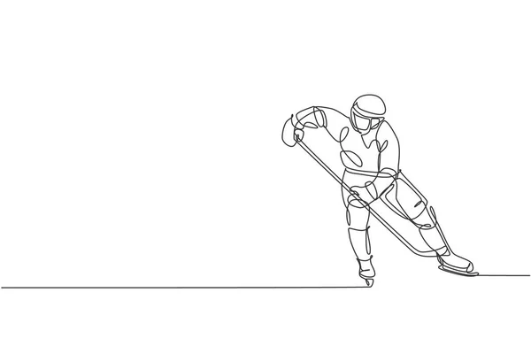 Una Línea Continua Dibujo Joven Jugador Profesional Hockey Sobre Hielo — Archivo Imágenes Vectoriales